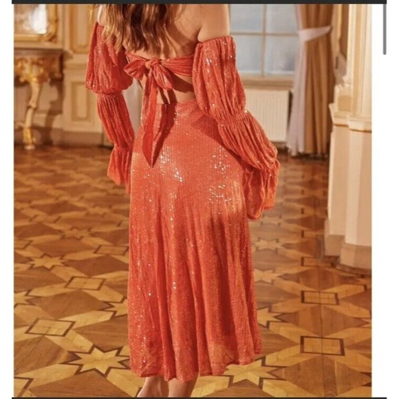 ALAMOUR THE LABEL Dress L NWT Dilara Orange Sequin Cutout Off Shoulder Midi - Picture 2 of 8
